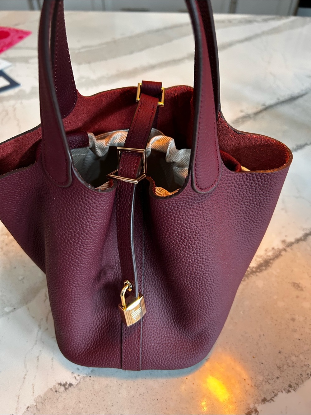 Women’s Burgundy Pebbled Tote with Gold Padlock Detail